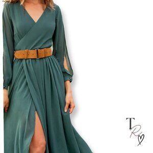 Joyfolie NWT Aniya Boho Ethereal Faux Wrap Maxi Dress Deep Teal Size Small